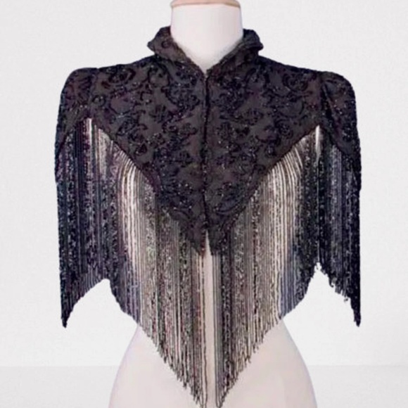 Accessories - 1880s mourning capelet with intricate beadwork and intact 8.5-inch bead fringe